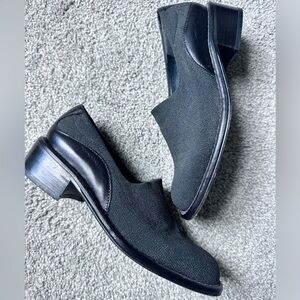 Stuart Weitzman Black Leather and Tweed Slip-On Loafers